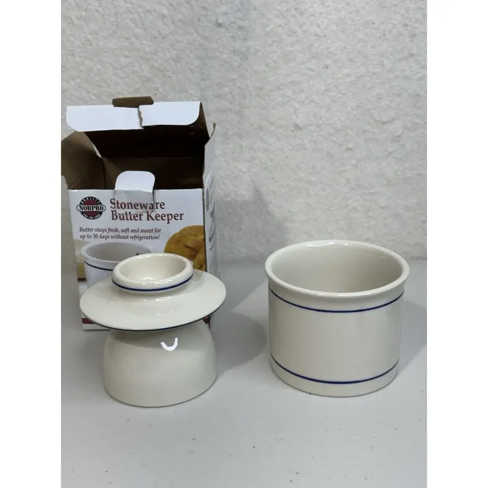 NORPRO Stoneware Butter Keeper White Ceramic Crock and Cover 4